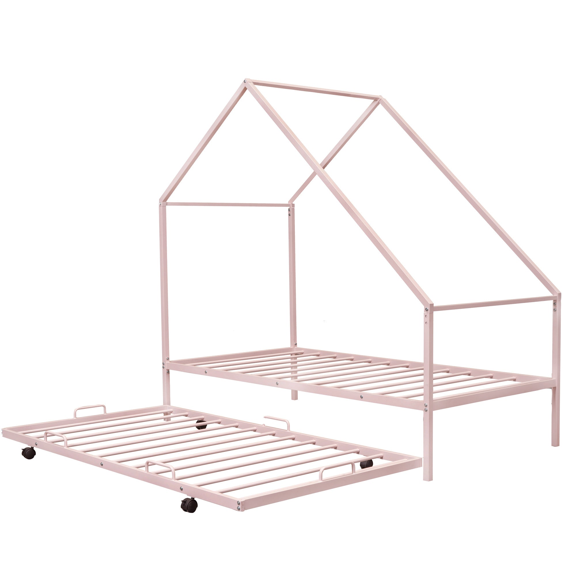 Metal House Bed With Trundle, Twin Size House Bed Pink