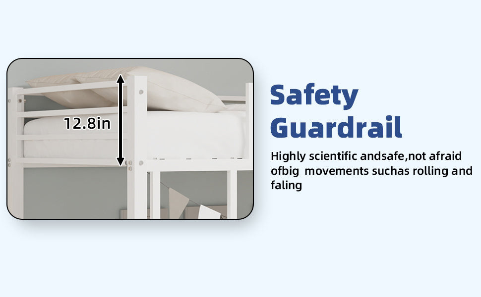 White metal bunk bed twin over twin, side profile view