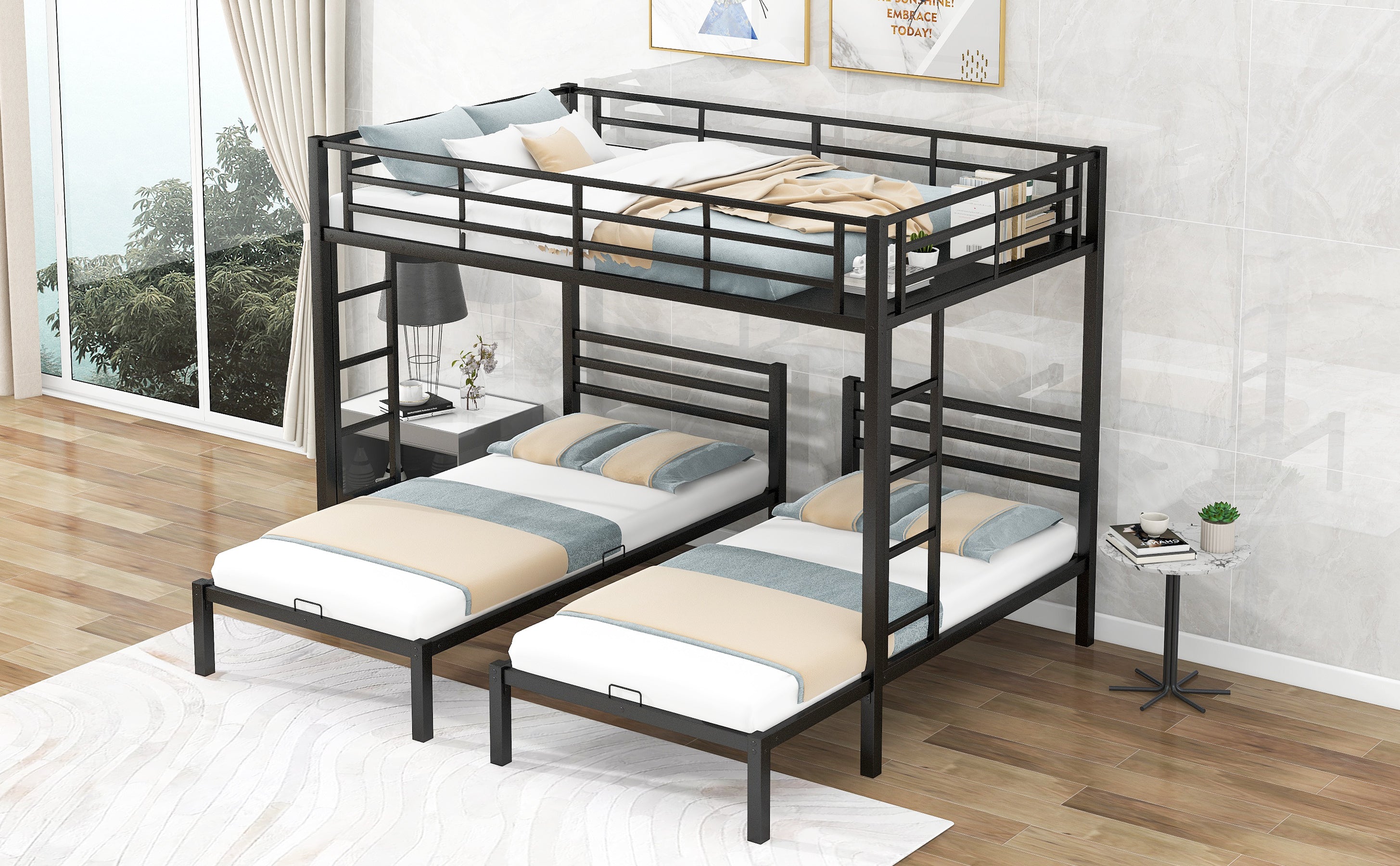 Full over Twin&Twin Size Bunk Bed with Built-in Shelf, Black