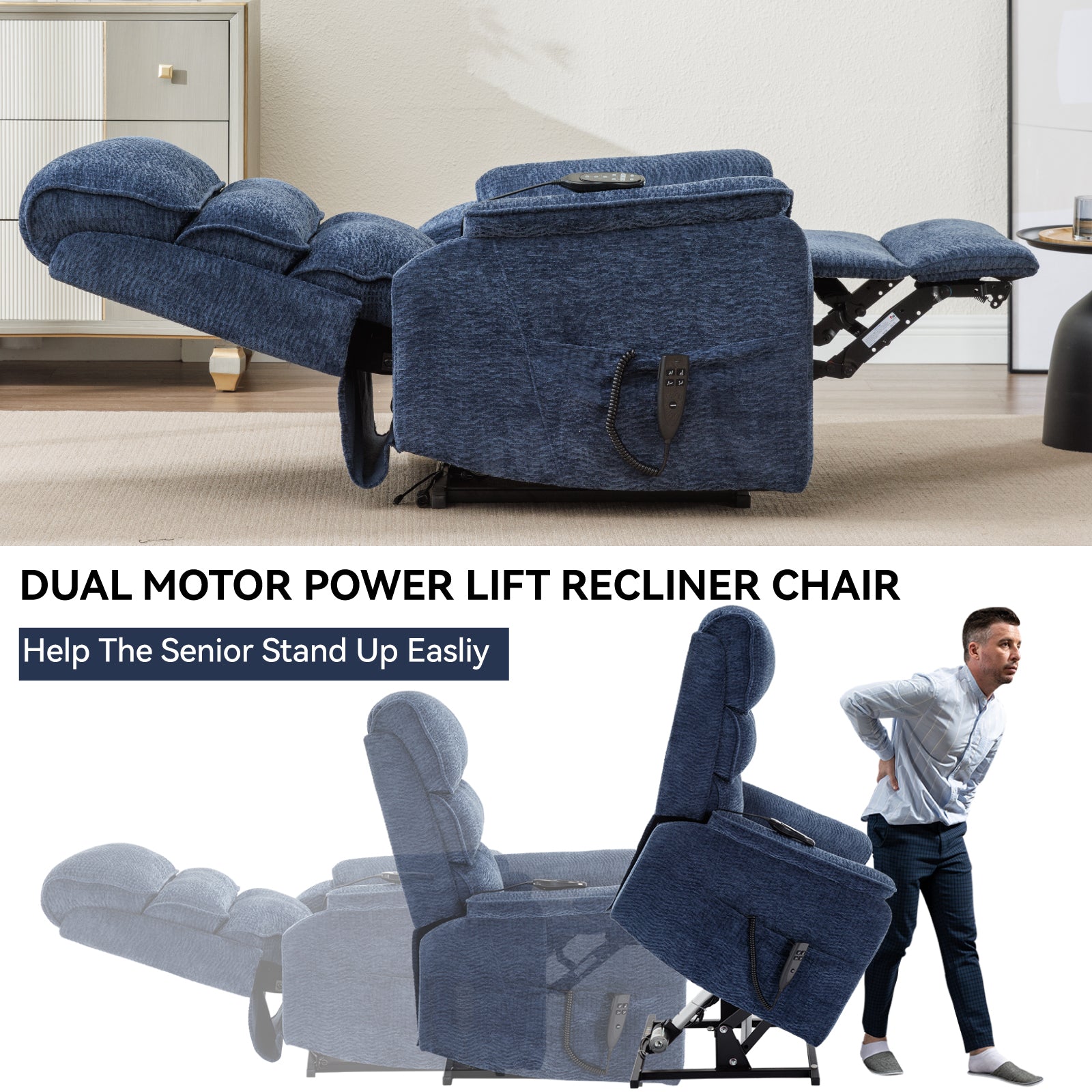 Blue Chenille Dual Motor Infinite Position Up to 350 LBS Power Lift Recliner Chair with Power-Remote, Heat Massage and Heavy Duty Motion Mechanism