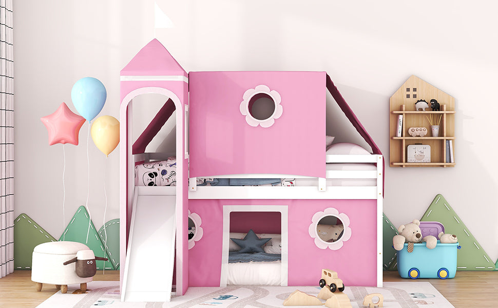 Twin Size Loft Bed with Slide Pink Tent and Tower - Pink