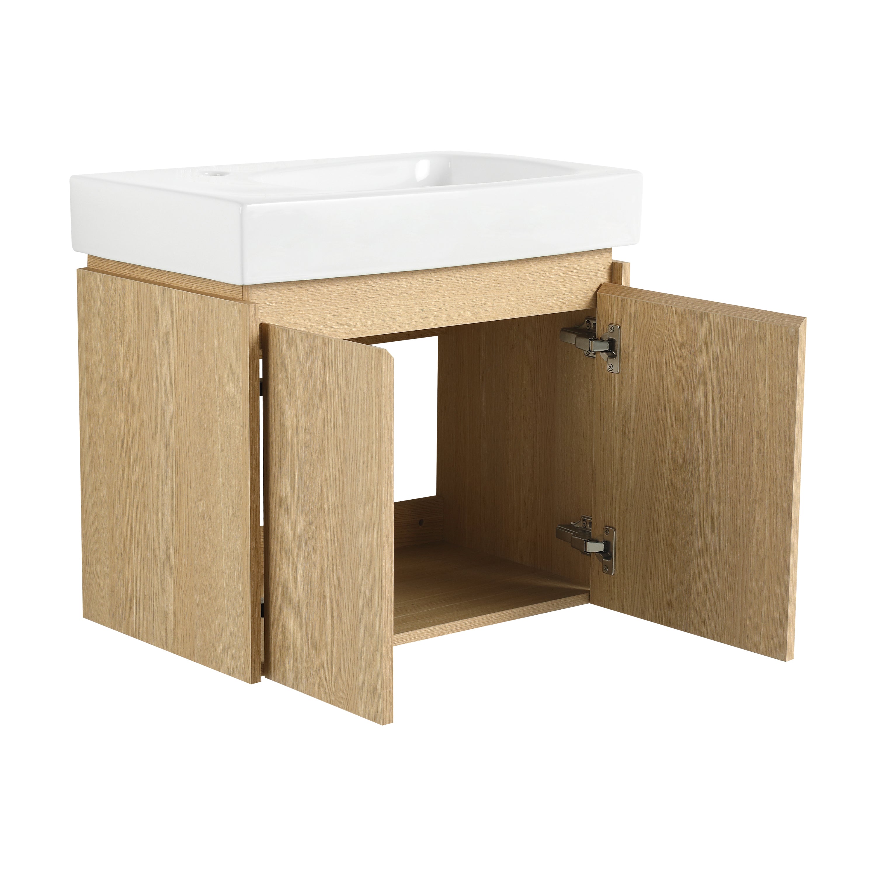 24 Inch Bathroom Vanity with Ceramic Basin, Wall Mounted Floating Vanity Sink Combo, Wooden Storage Cabinet with Double Doors for Bathroom,Oak