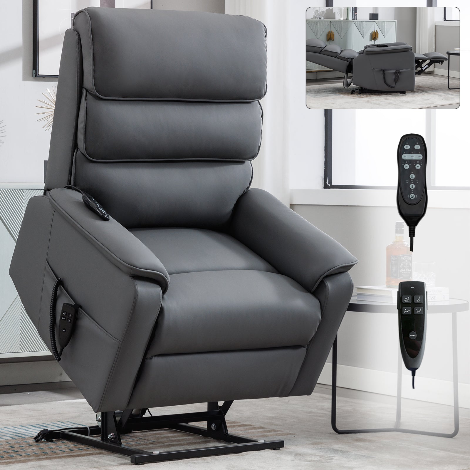 Grey Cat-proof Leather Dual Motor Infinite Position Up to 350 LBS Power Lift Recliner Chair with Power-Remote, Heat Massage and Heavy Duty Motion Mechanism