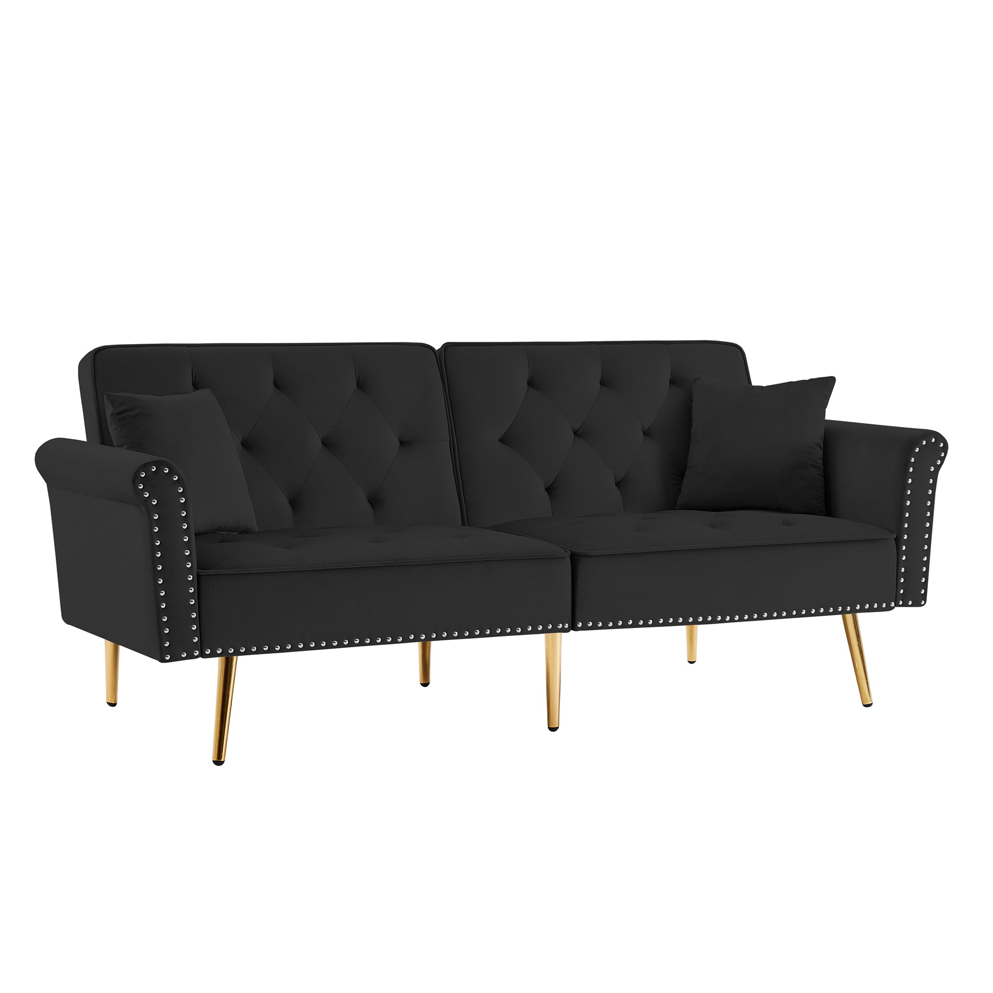 BLACK Velvet Tufted Sofa Couch with 2 Pillows and Nailhead Trim