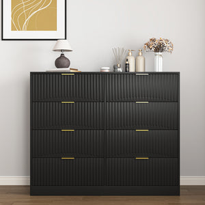 Modern black 8-drawer wood dresser with gold metal handles, 47.2 inch wide, front view