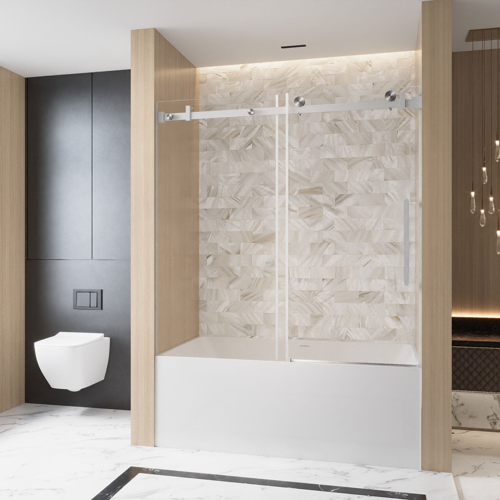 56-60 x 60 in Frameless Single Sliding Square-Tube Tub Door - 56-60 x 60 in / Brushed Nickel / Square Tube view 2