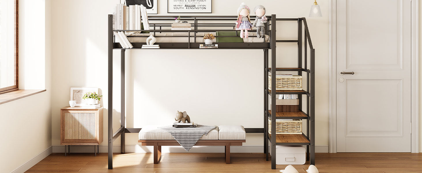 Twin Size Metal Loft Bed with Upper Grid Storage Shelf and Lateral Storage Ladder, Black