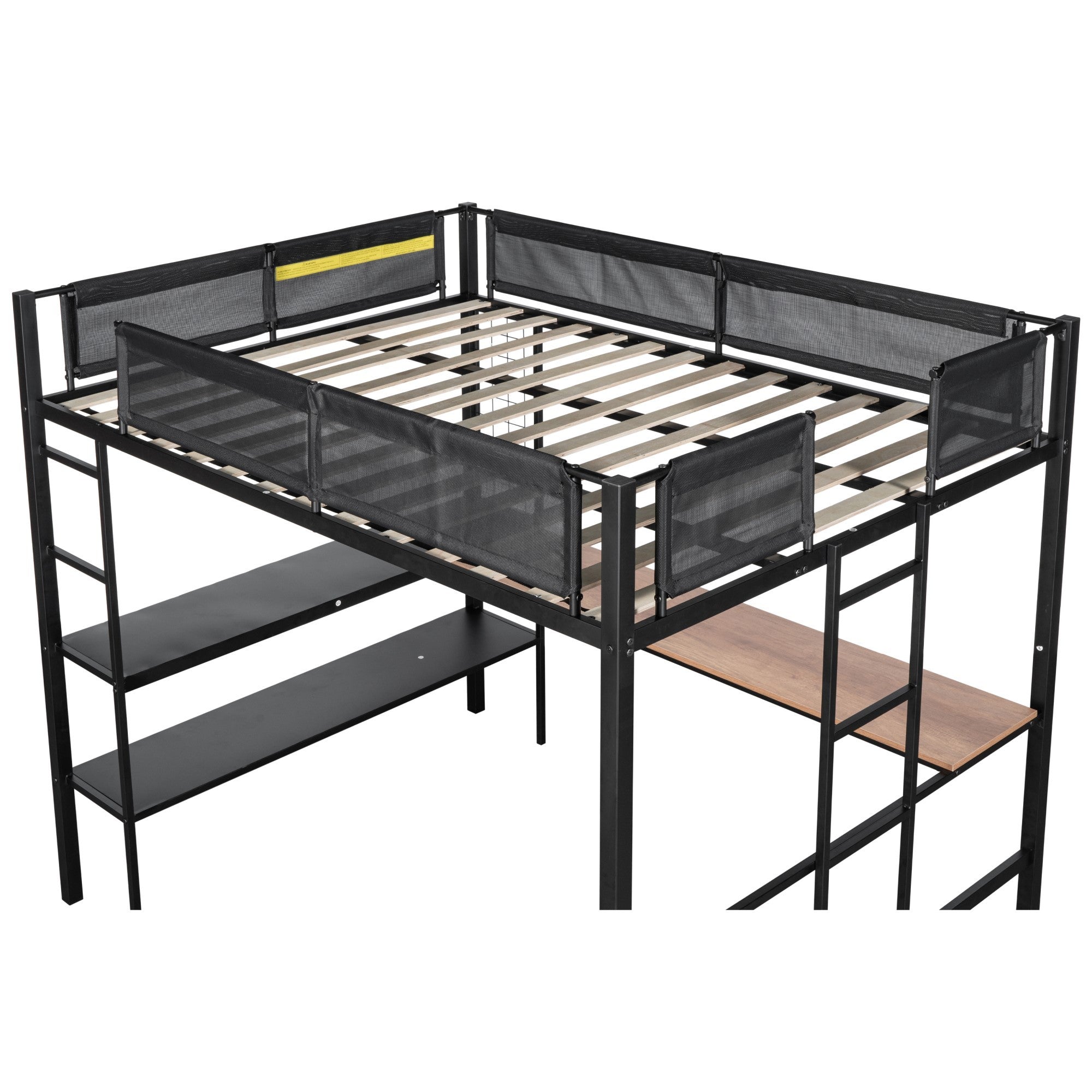 Metal Full Size Loft Bed with Desk & Shelves/ Sturdy Metal Bed Frame/ Noise-free Wood Slats/ Comfortable Textilene Guardrail/ Built-in Desk, 2-tier Shelves & Grid Panel/ 2 Side Ladders