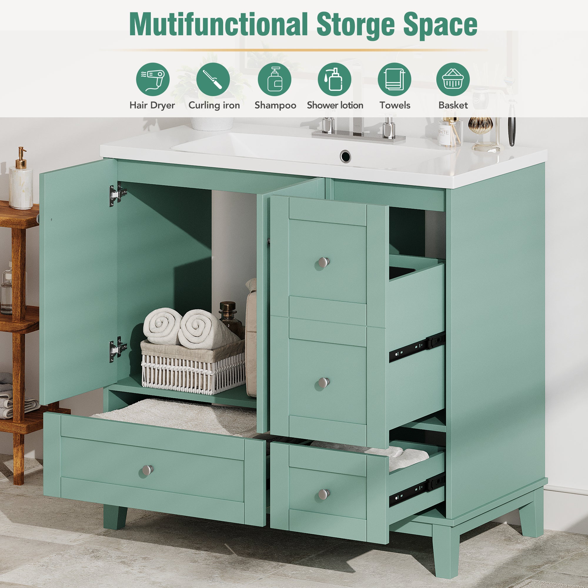 36 Inch Modern Bathroom Vanity with USB Charging, Two Doors and Three Drawers Bathroom Storage Vanity Cabinet, Small Bathroom Vanity cabinet with single sink , Green - Faucets Not Included