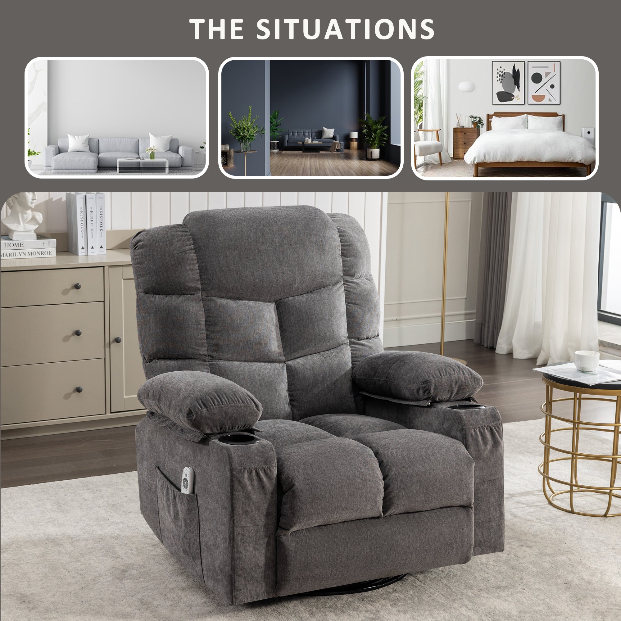 Massage Rocker Recliner Chair Rocking Chairs for Adults Oversized with 2 Cup Holders, USB Charge Port Soft Features a Manual Massage and Heat.(A+B)GREY