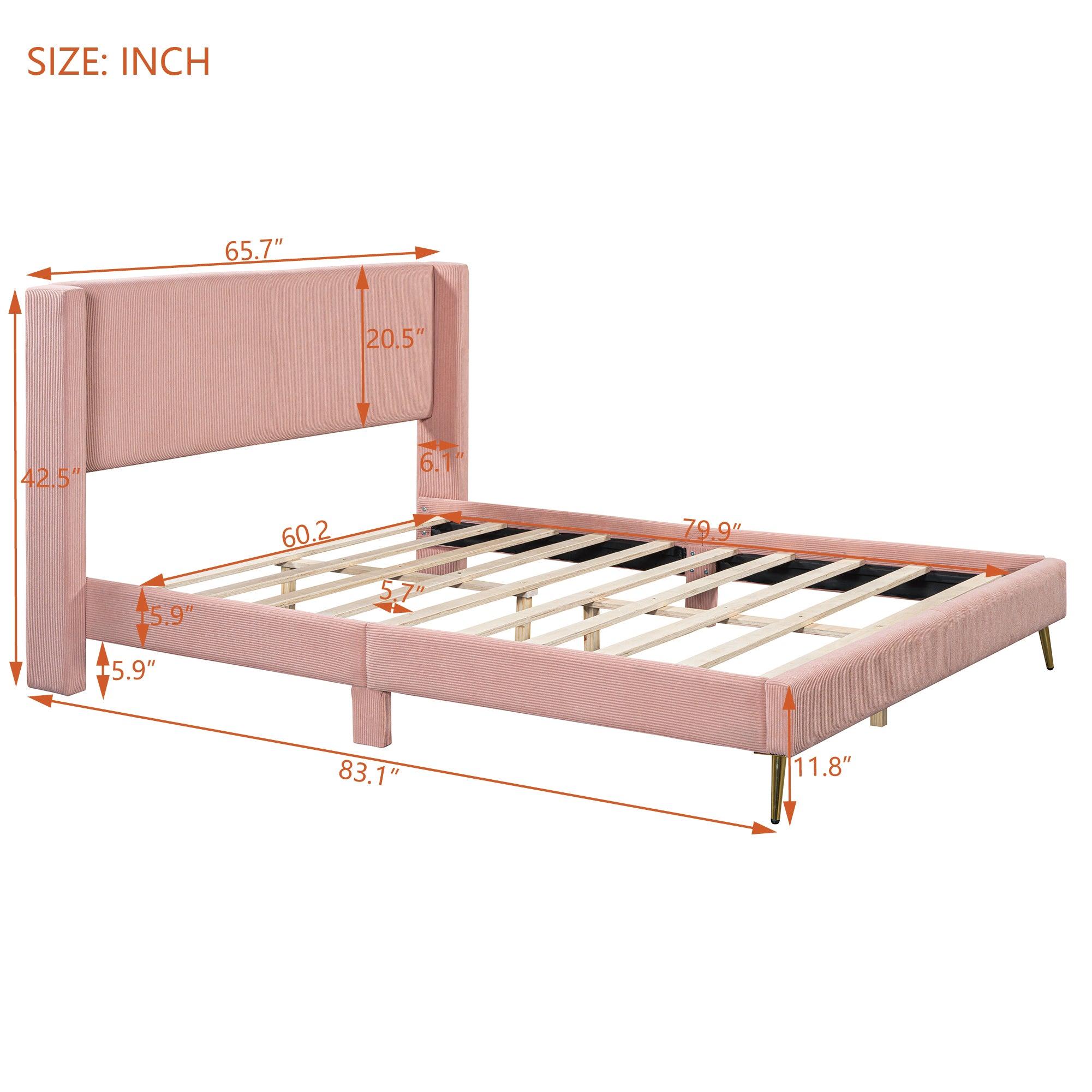 Queen Size Corduroy Platform Bed with Metal Legs, Pink(old sku:WF300238AAH)