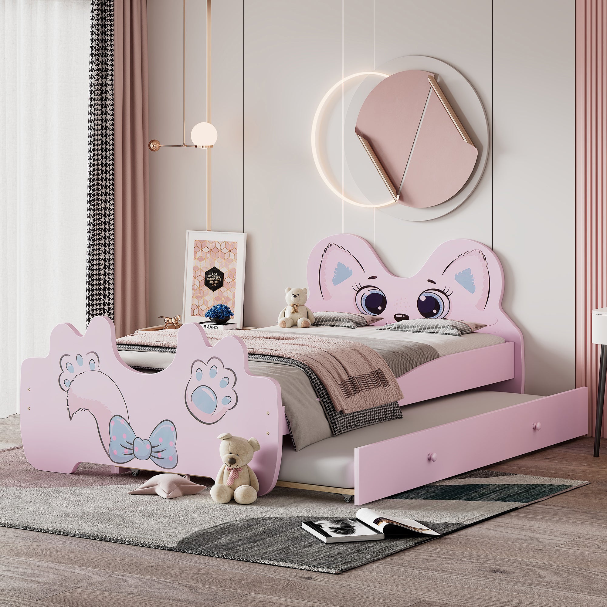 Cartoon Twin Size Platform Bed with Trundle, Pink