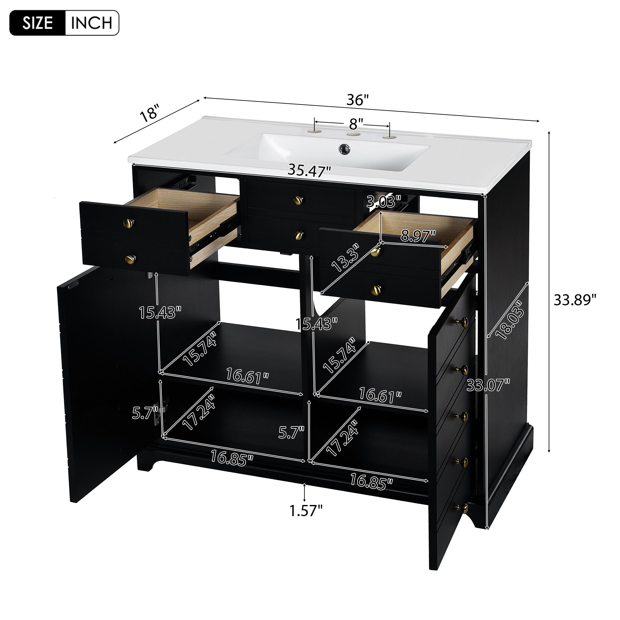 36'' Bathroom Vanity with Ceramic Sink Combo, Solid Wood Frame Bathroom Storage Cabinet, Freestanding Vanity Set with 2 Drawers& Soft Closing Doors, Black