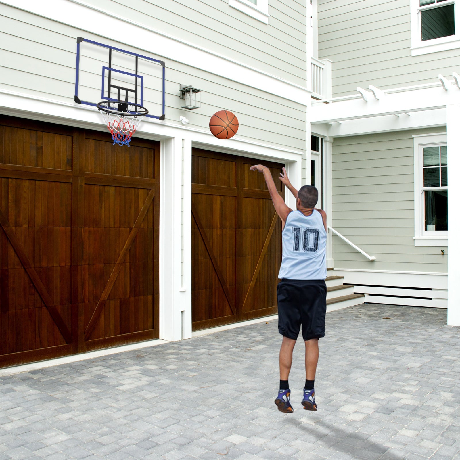 Wall-mounted basketball hoop, 45 x 29 inches shatterproof back, folding hoop, durable hoop and all-weather mesh for indoor and outdoor use