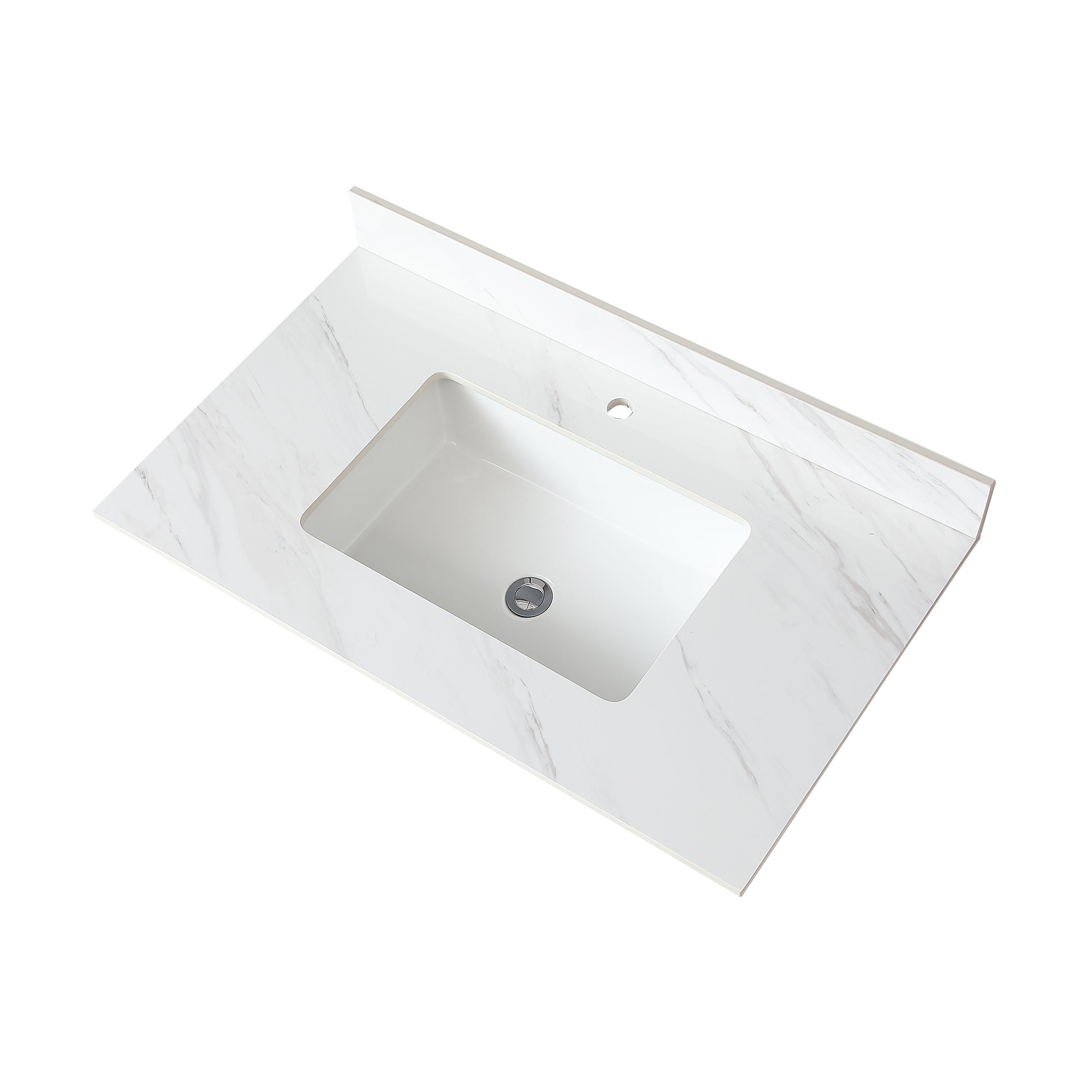 37 Inch Marble Vanity Top, White Vanity Top with Pre-drilled Faucet Holes, Bathroom Vanity Top with Undermount Rectangular Middle Sink and 4" Height Backsplash,  Bianco Carrara Venato