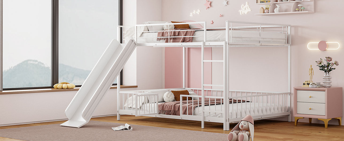 Full over Full Size Metal Bunk Bed with Slide and Guardrails, White