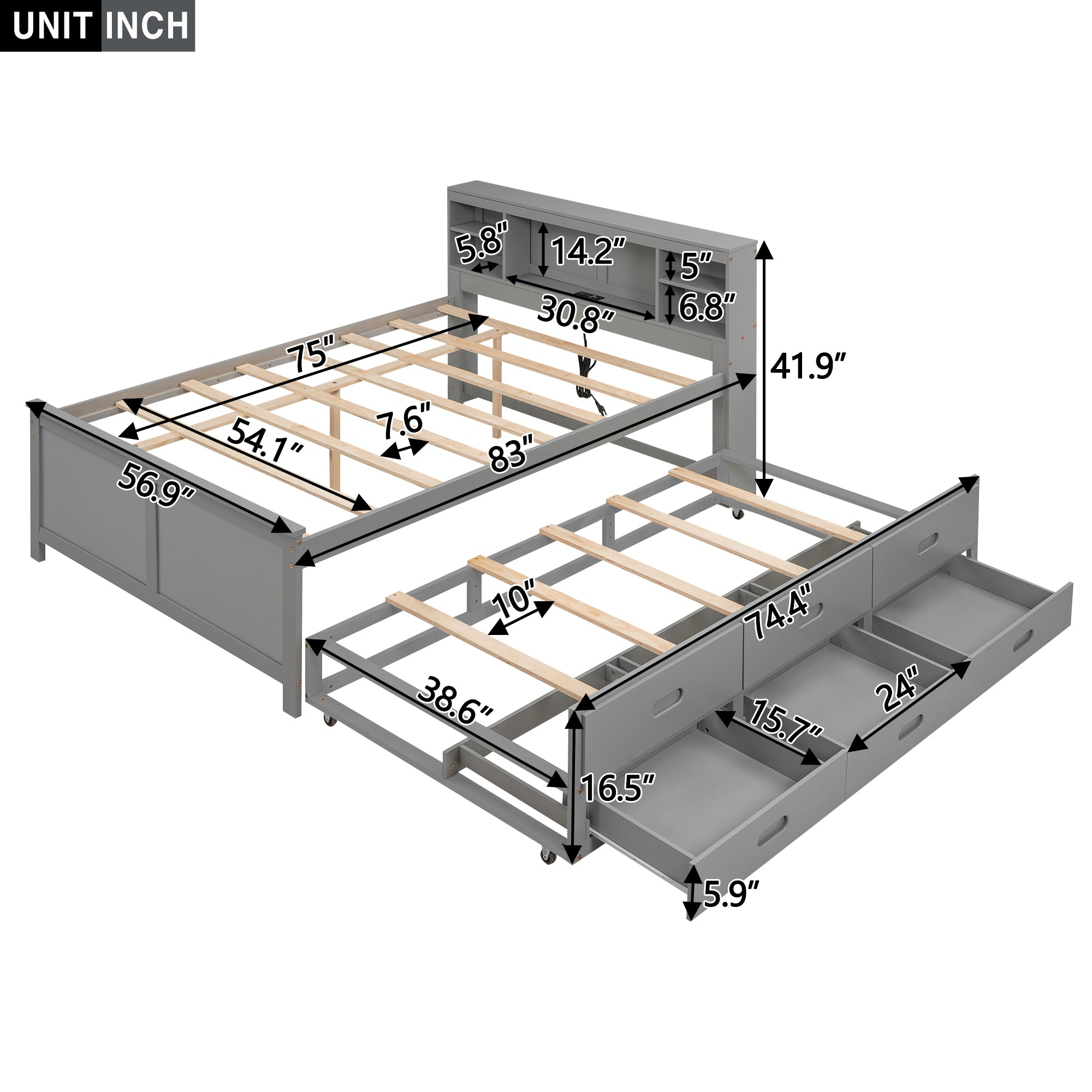 Full Size Platform Bed with Storage Headboard, USB, Twin Size Trundle and 3 Drawers, Gray