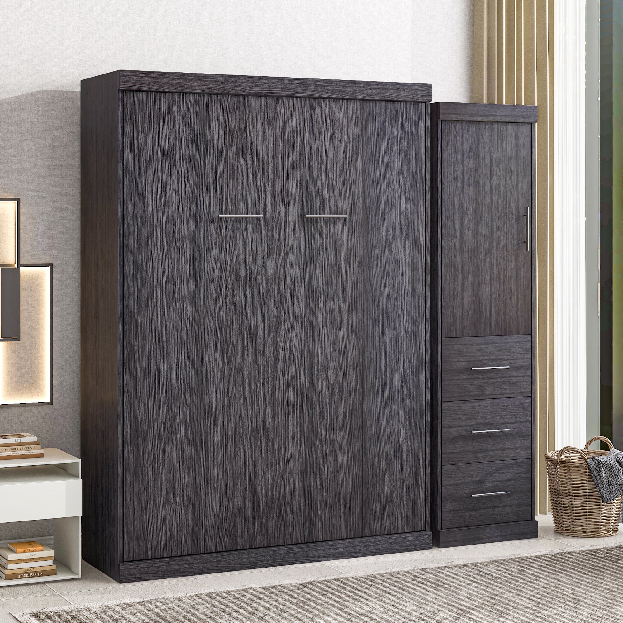 Full Size Murphy Bed with Wardrobe and Drawers, Storage Bed, can be Folded into a Cabinet, Gray