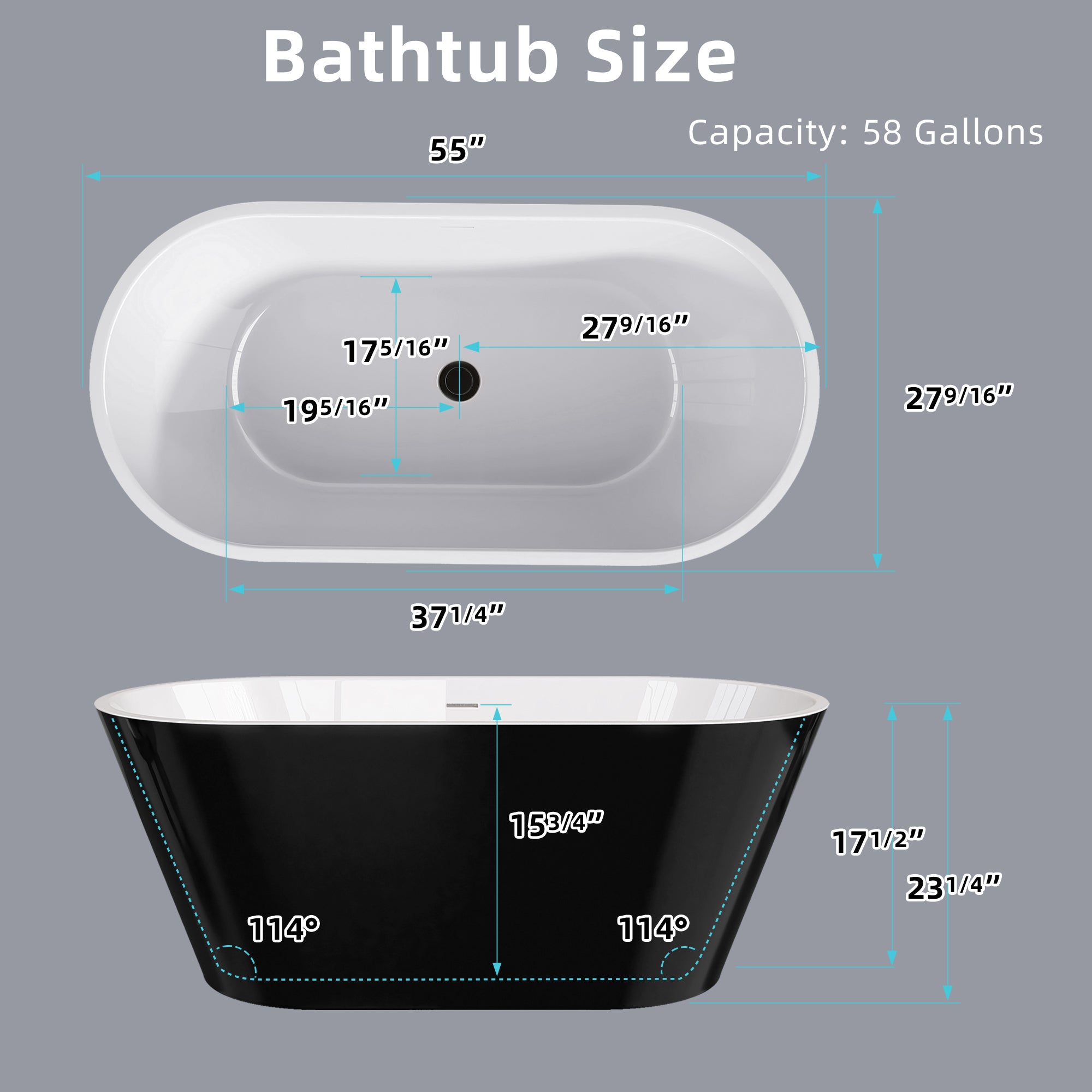 55" Acrylic Freestanding Bathtub Contemporary Soaking White Tub with Overflow and Pop-up Drain Gloss Black