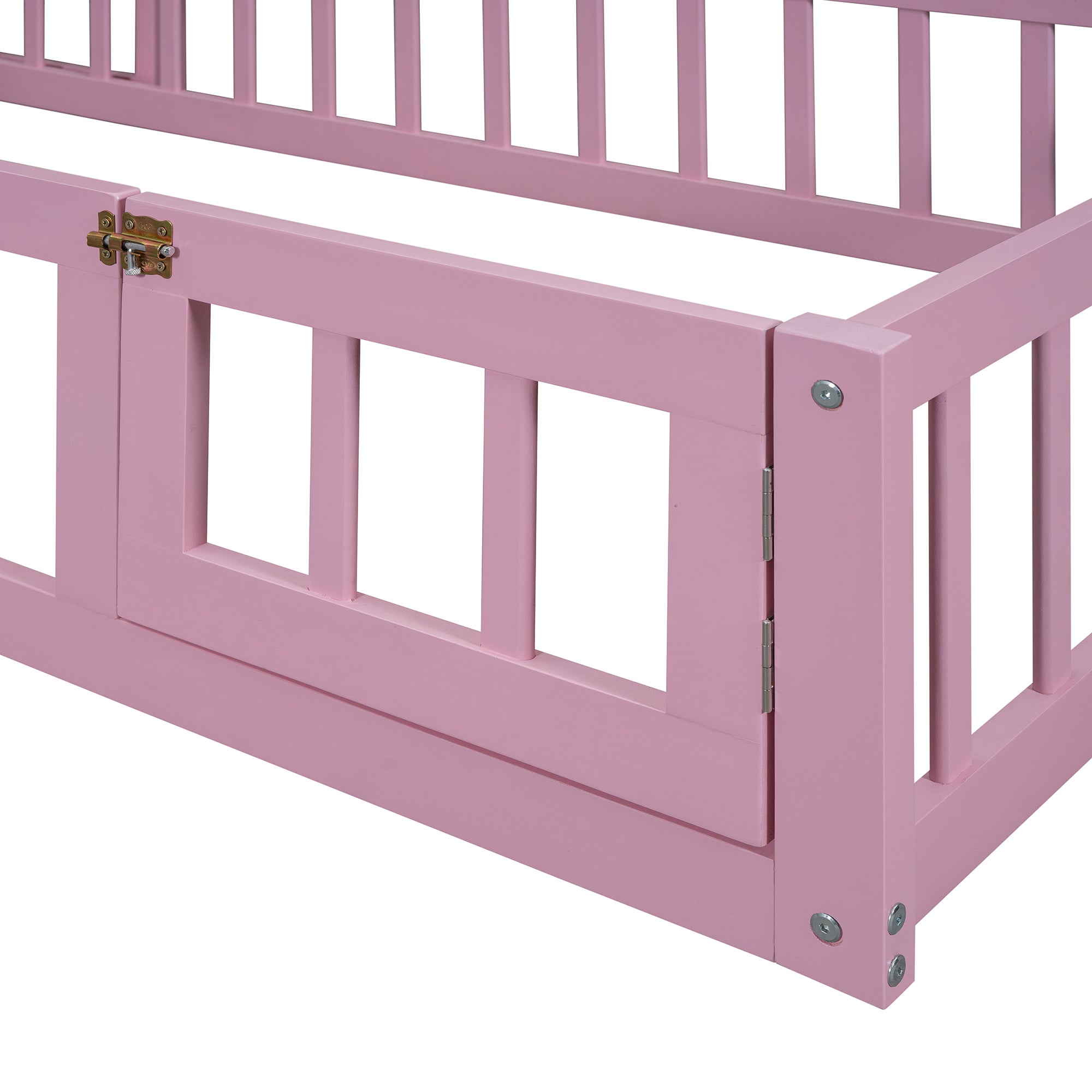 Wooden Floor Bed with Fence Railings and Detachable House Shape Headboard, Twin Size Bed with Kids Dress Up Rack, Kids Montessori Style Playhouse Frame for Girls Boys, Pink