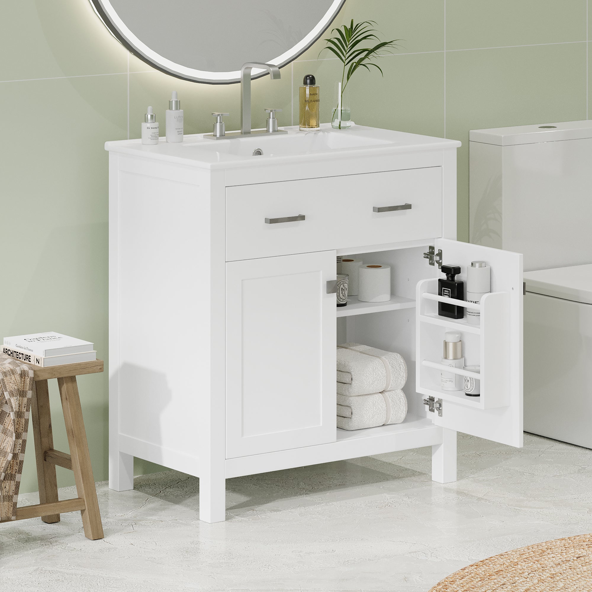 30-inch Bathroom Vanity with Ceramic Sink, Modern White Single Bathroom Cabinet with 2 Doors and a Shelf, Soft Close Doors