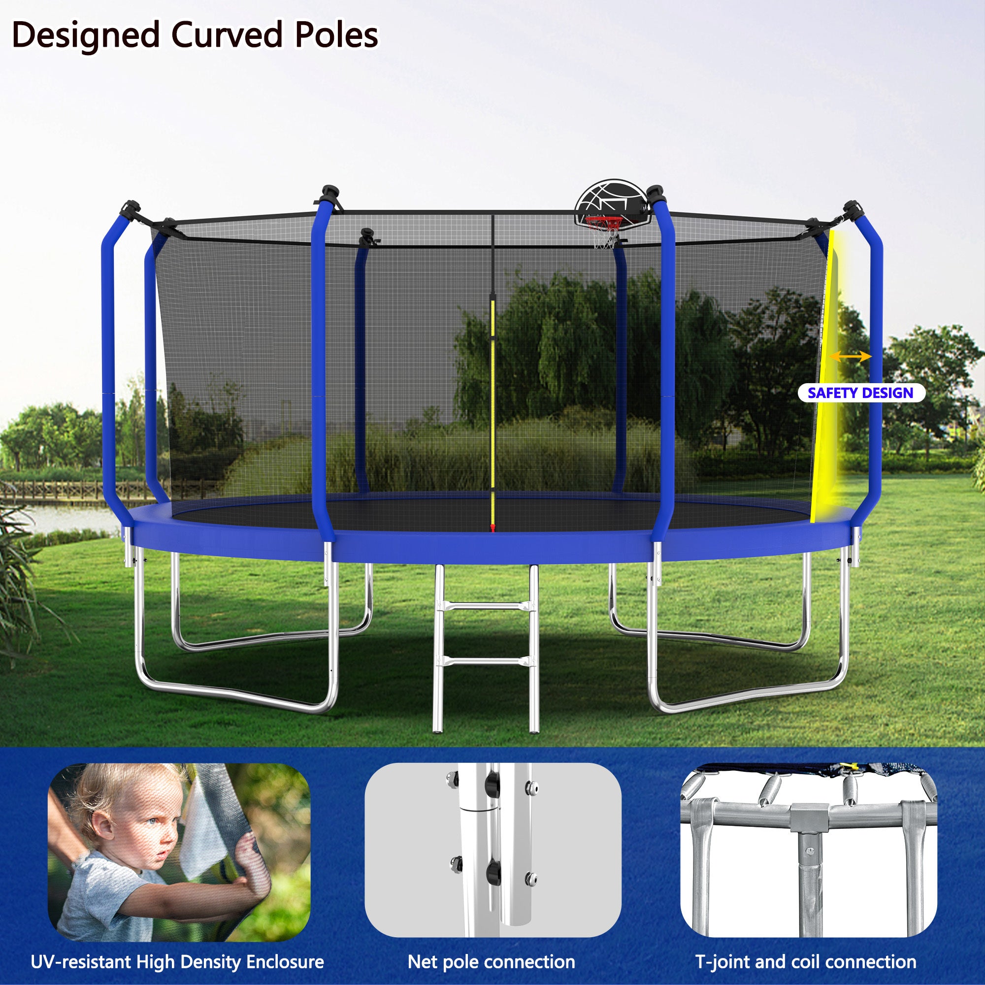 12FT Trampoline with Basketball Hoop,  ASTM Approved Reinforced Type Outdoor Trampoline with Enclosure Net