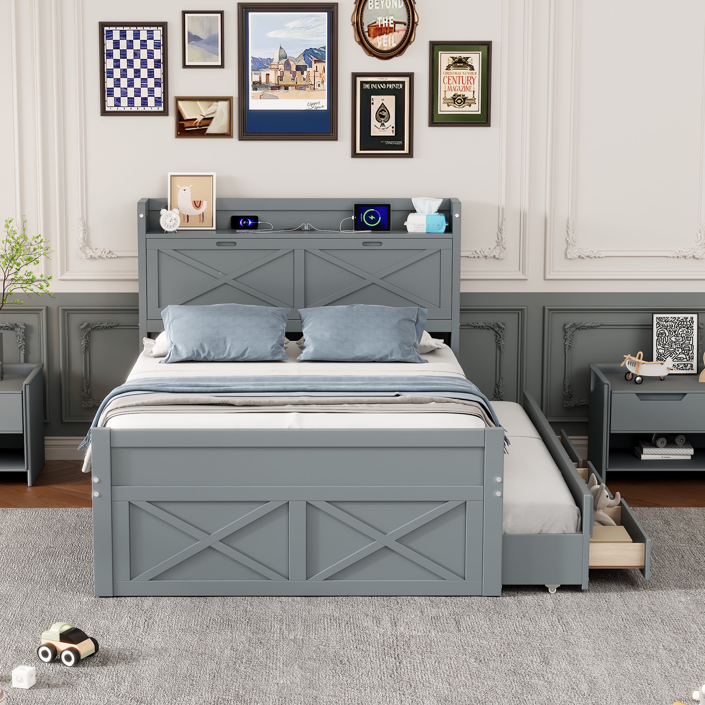 Full Size Wooden Bed with Storage Headboard with Outlets, Extendable Bed with Twin Size Trundle with Three Storage Drawers,Gray