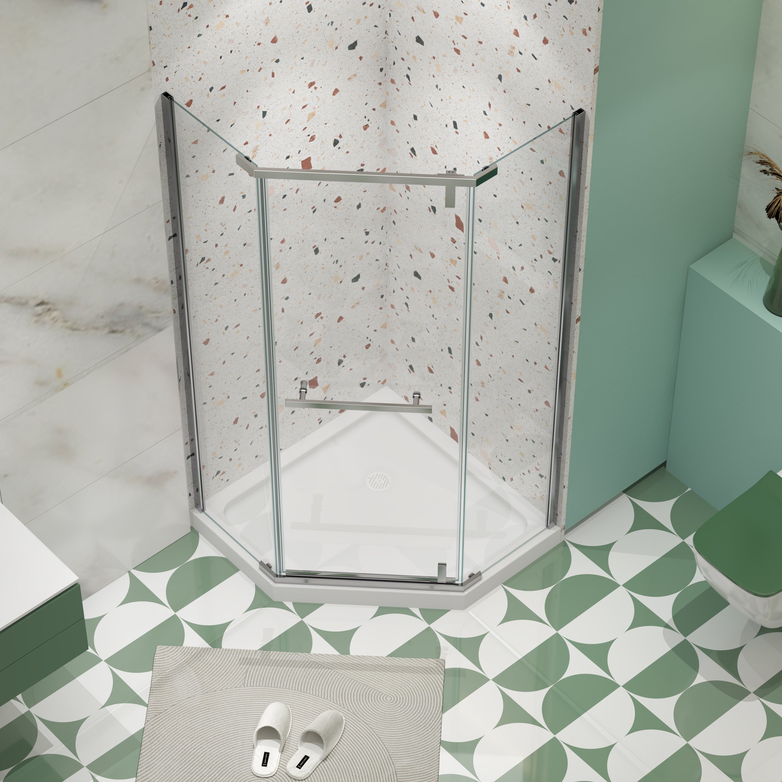 34.75 x 72 in neo-angle pivot shower enclosure chrome detail view