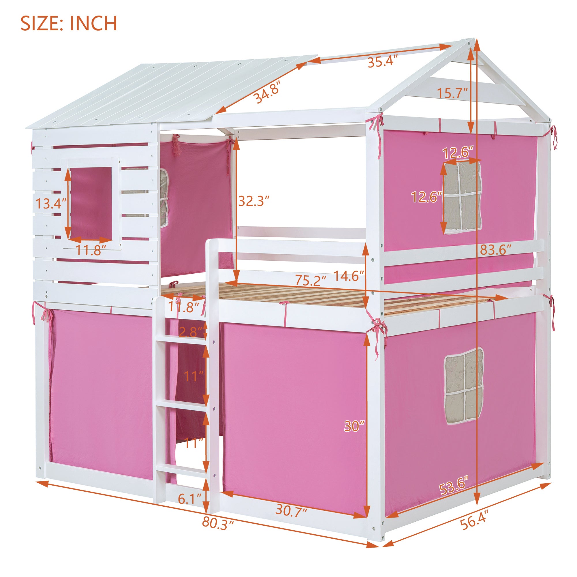 Full Size Bunk Wood House Bed with Tent, Pink+White