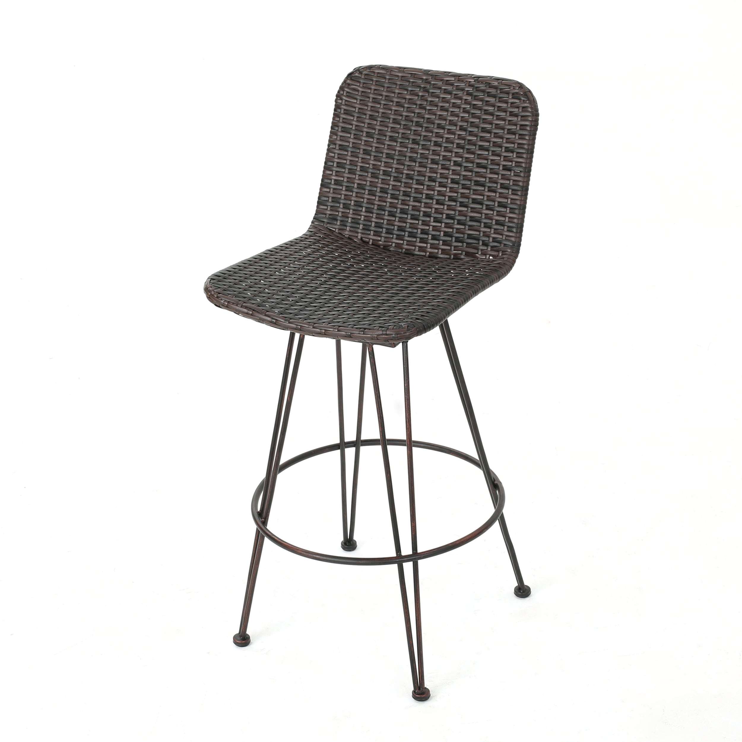 28" Outdoor PE Rattan Barstools with Black Brush Copper Iron Frame, Multibrown (Set of 2)