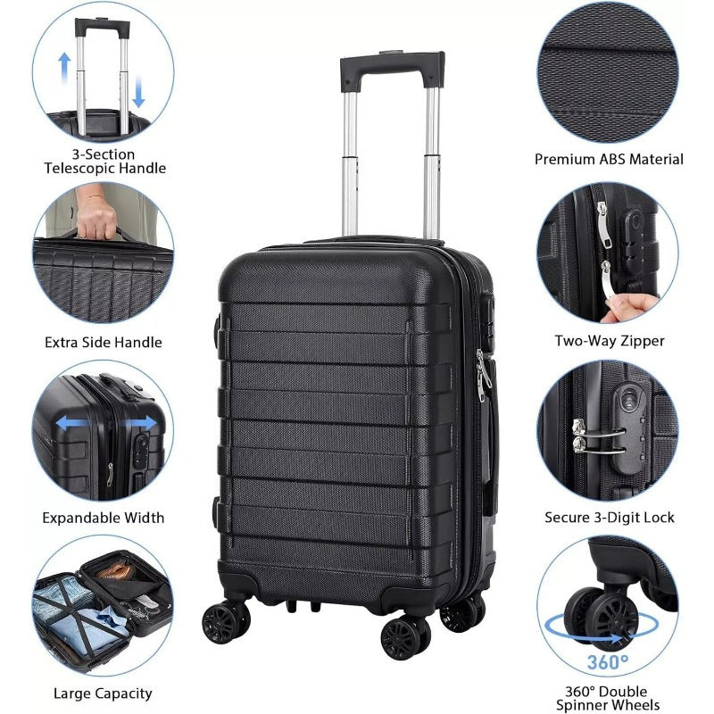 High Quality 22" Carry-On Suitcase Luggage with Spinner Wheels Expandable Black