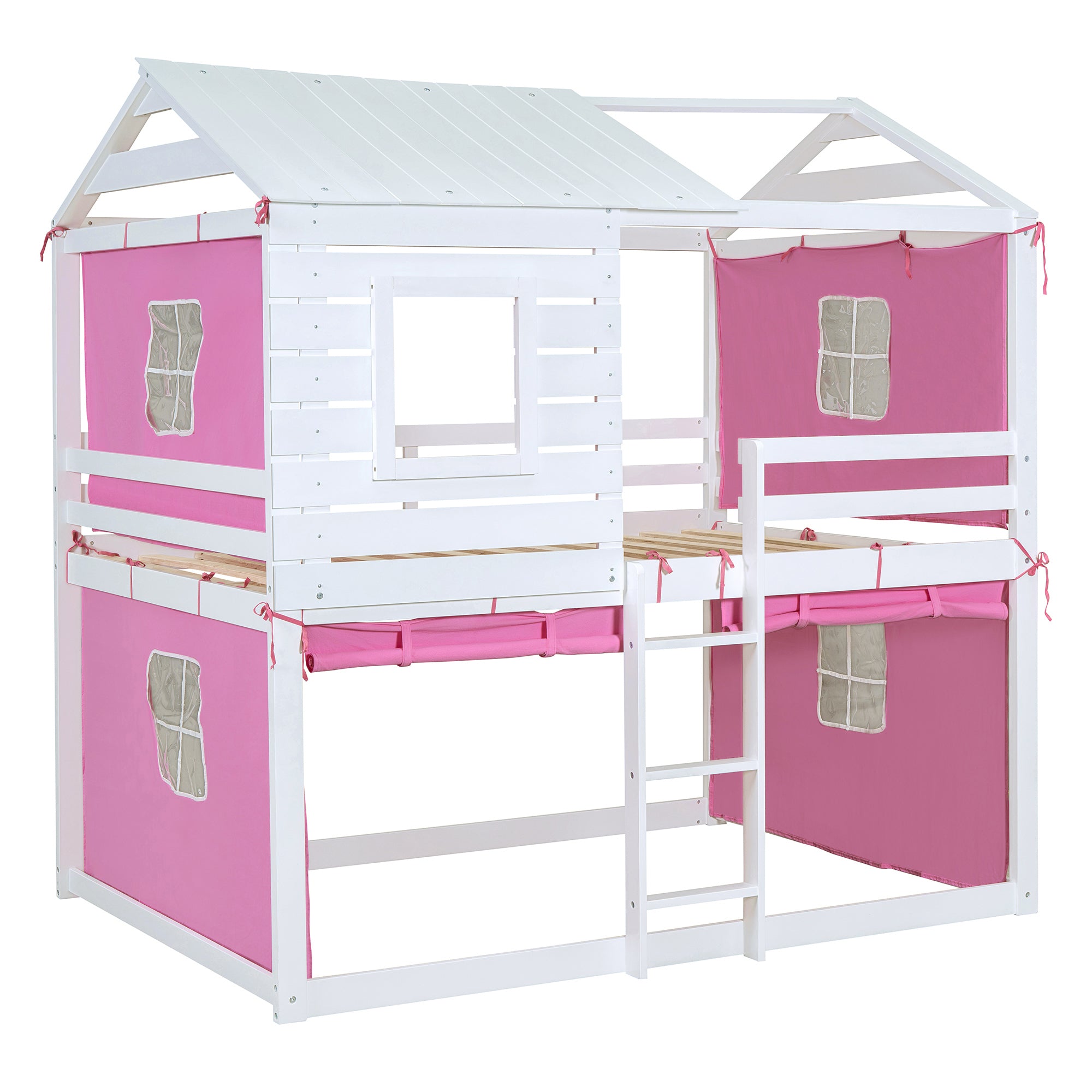 Full Size Bunk Wood House Bed with Tent, Pink+White