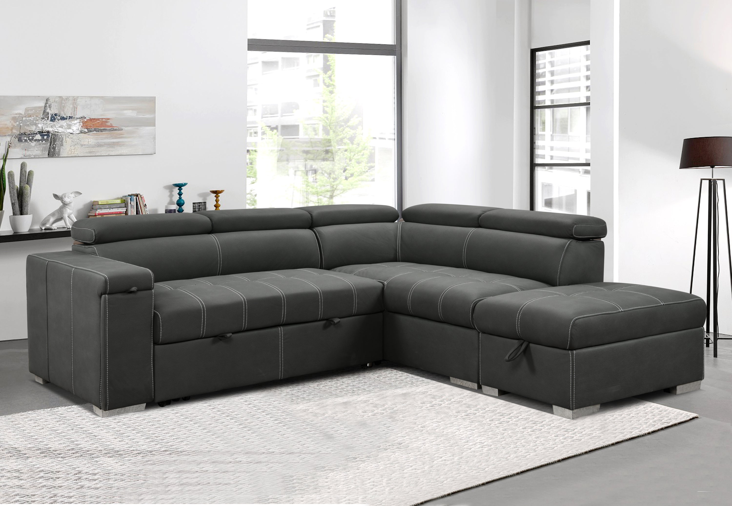 99.5" Modern 2 in 1 Convertible Sofa Bed with Pull-Out Bed and Chaise Lounge with Adjustable Headrest, L Shaped Couches for Living Room Apartment w/Storage Ottoman, and Cup Holder, Dark Grey