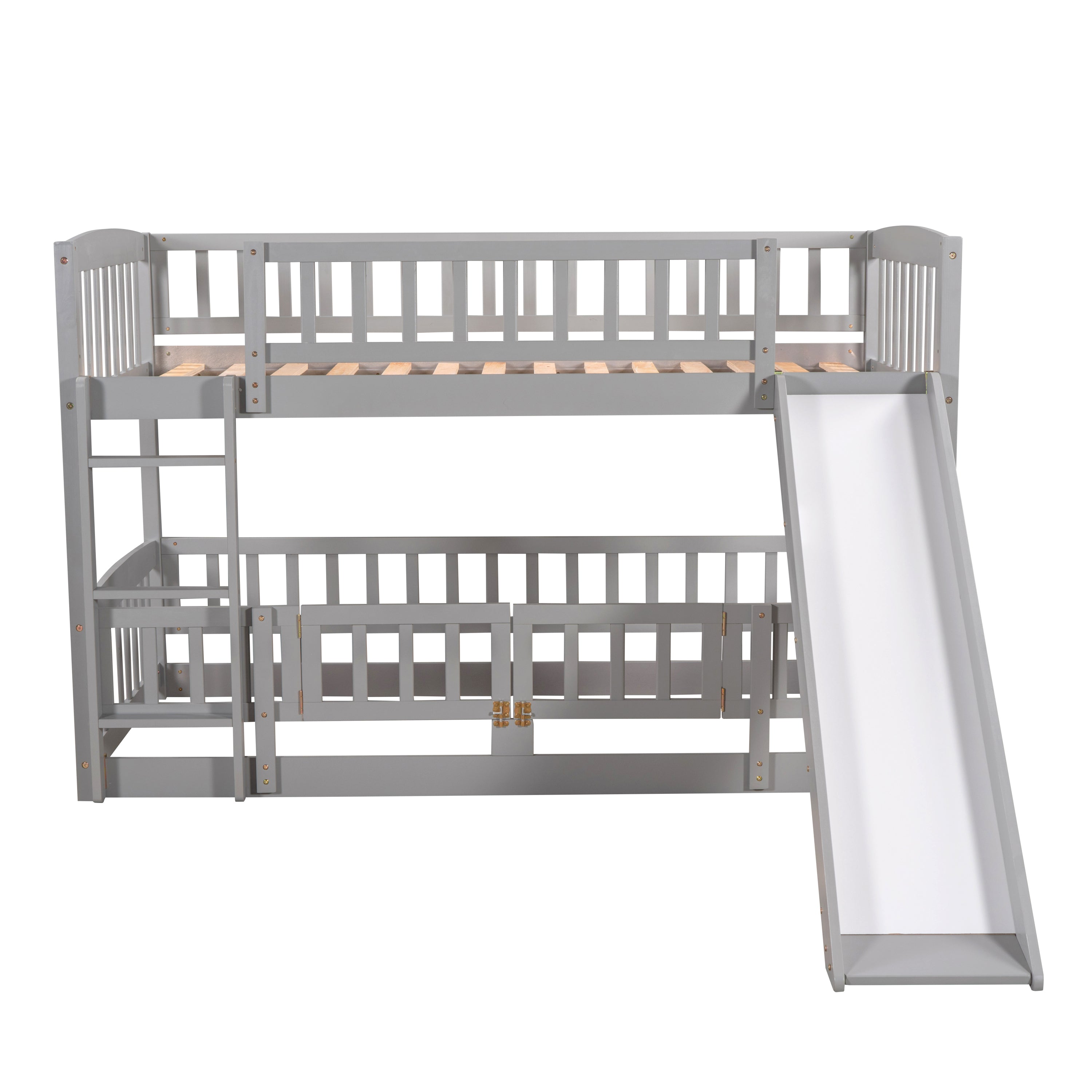 Bunk Bed with Slide,Twin Over Twin Low Bunk Bed with Fence and Ladder for  Kids Teens Grey