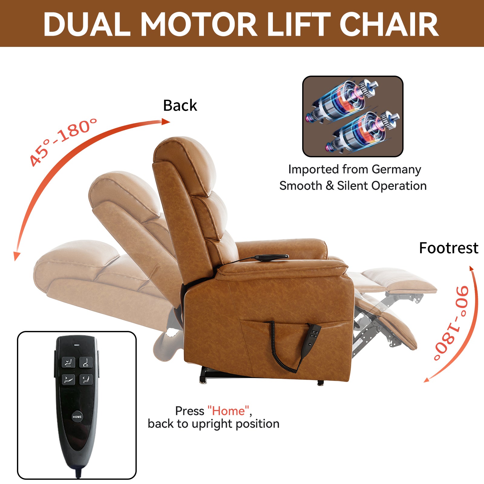 Brown Leatheraire Dual Motor Infinite Position Up to 350 LBS Power Lift Recliner Chair with Power-Remote, Heat Massage and Heavy Duty Motion Mechanism