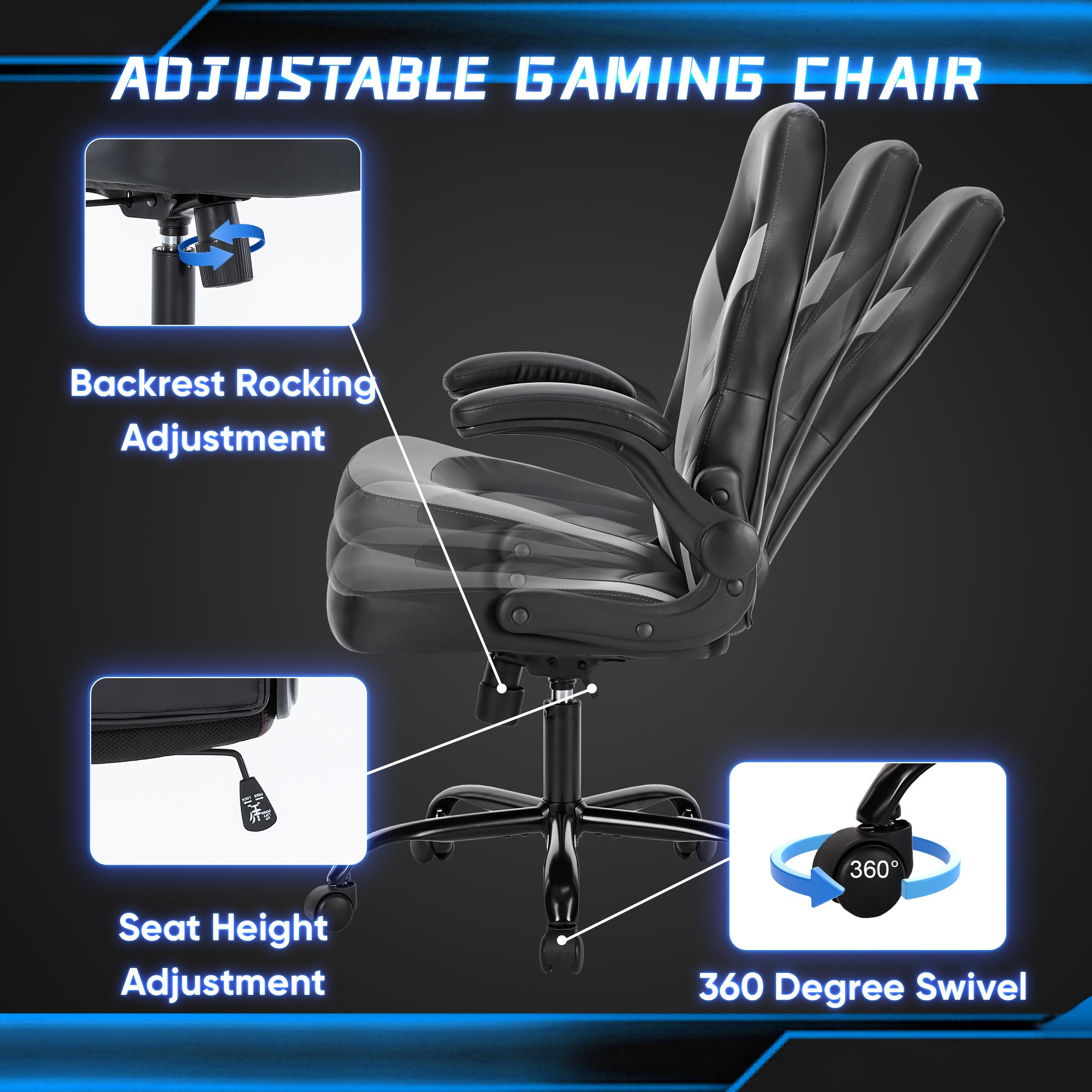 Sweetcrispy Gaming Chair - PU Leather Computer Chair Ergonomic Office Chair with Lumbar Support, Height Adjustable Rolling Desk Chairs with Flip-up Armrests