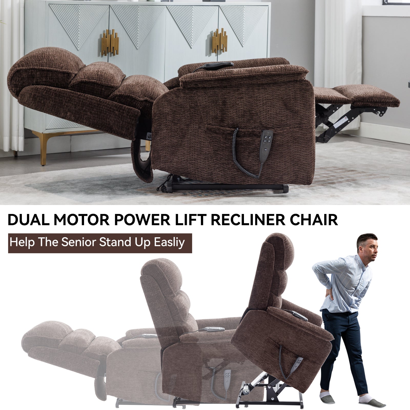 Brown Chenille Dual Motor Infinite Position Up to 350 LBS Power Lift Recliner Chair with Power-Remote, Heat Massage and Heavy Duty Motion Mechanism