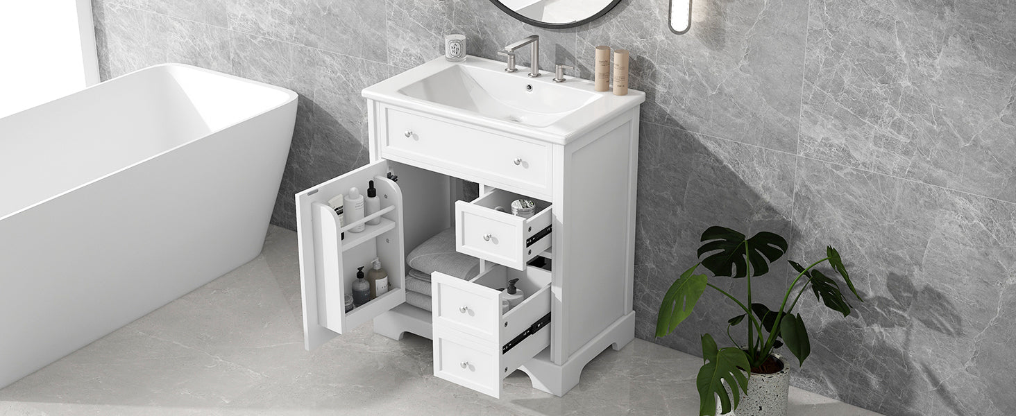 30" Bathroom Vanity with Sink Top, Bathroom Vanity Cabinet with Door and Two Drawers, MDF Boards, Solid Wood, One Package, White