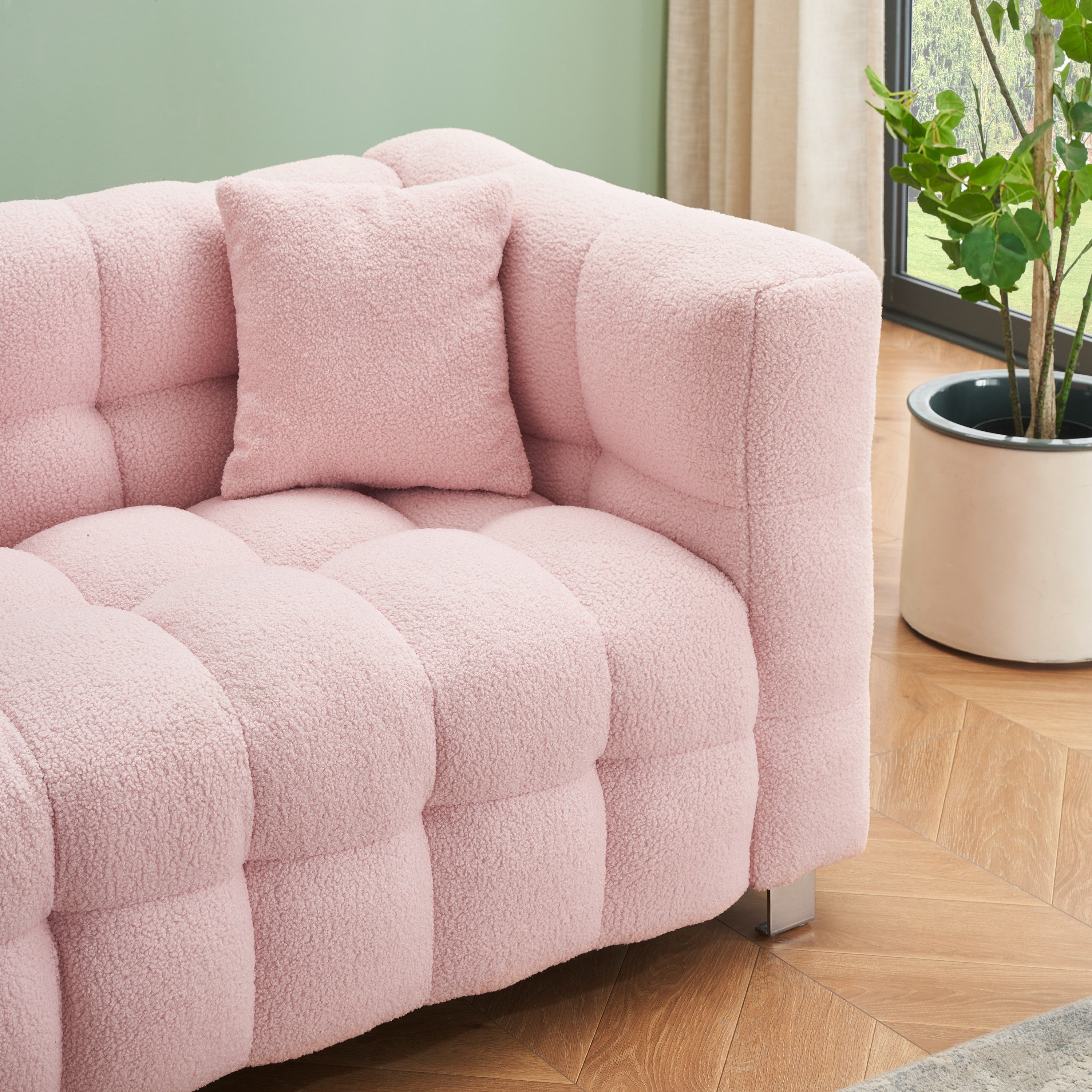 Stylish Addition: Pink Teddy Fleece Sofa - 80 Inch, Perfect for Living Room or Bedroom, Complete with Two Throw Pillows and Sturdy Hardware Foot Support