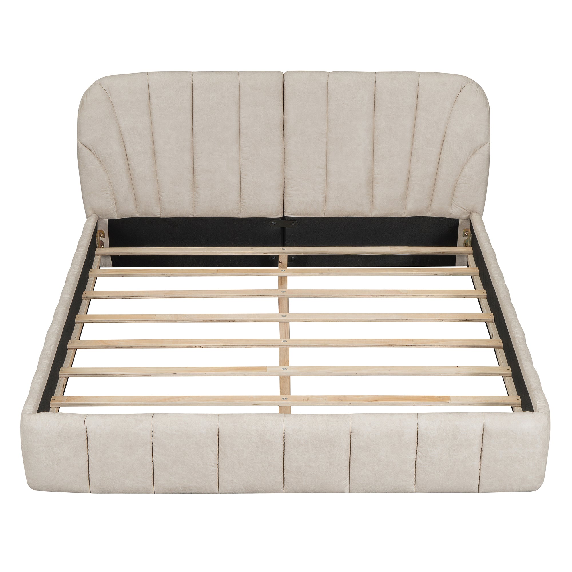 Queen Size Upholstered Platform Bed with Thick Fabric, Polyester, Beige