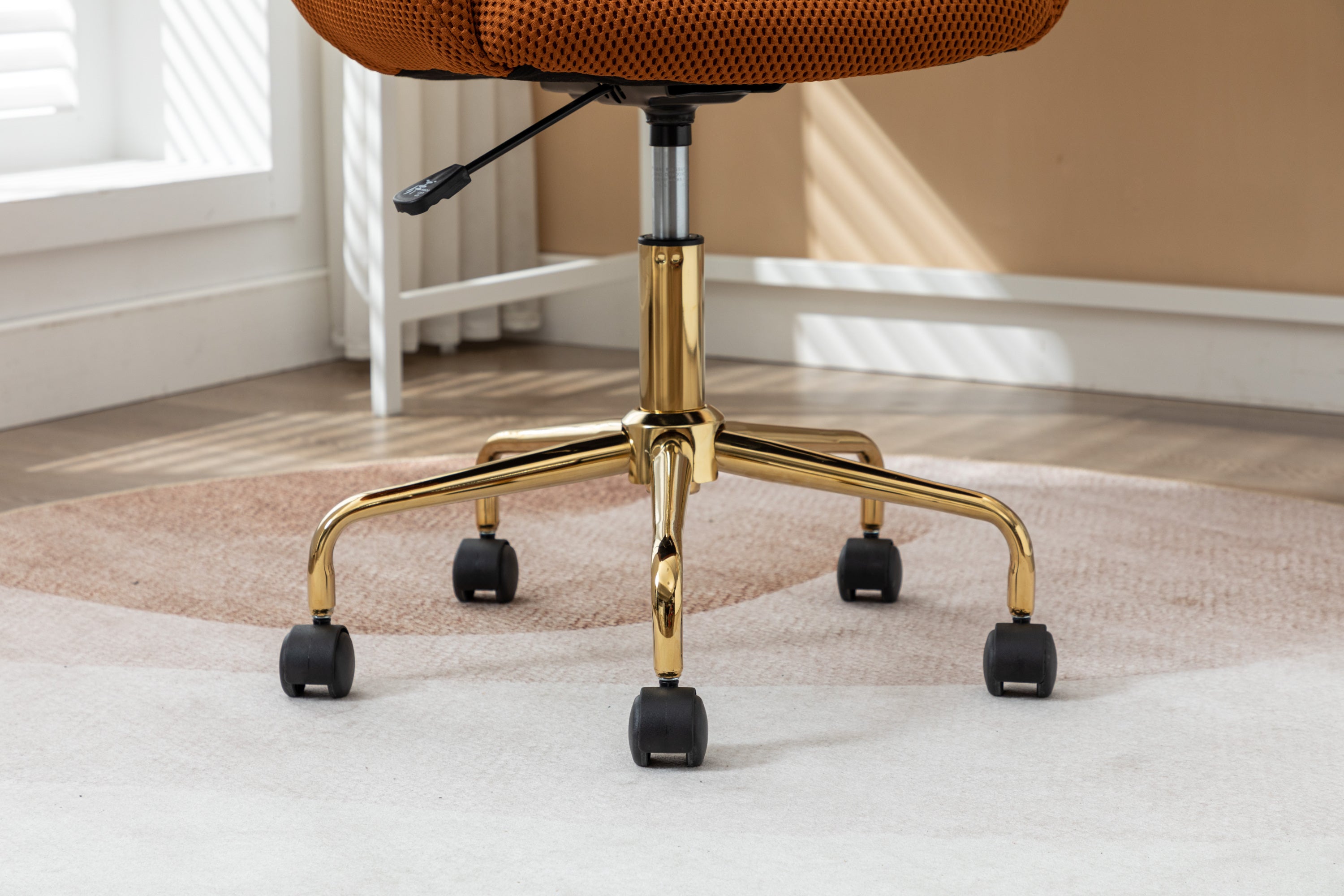 047-Mesh Fabric Home Office 360°Swivel Chair Adjustable Height With Gold Metal Base,Caramel