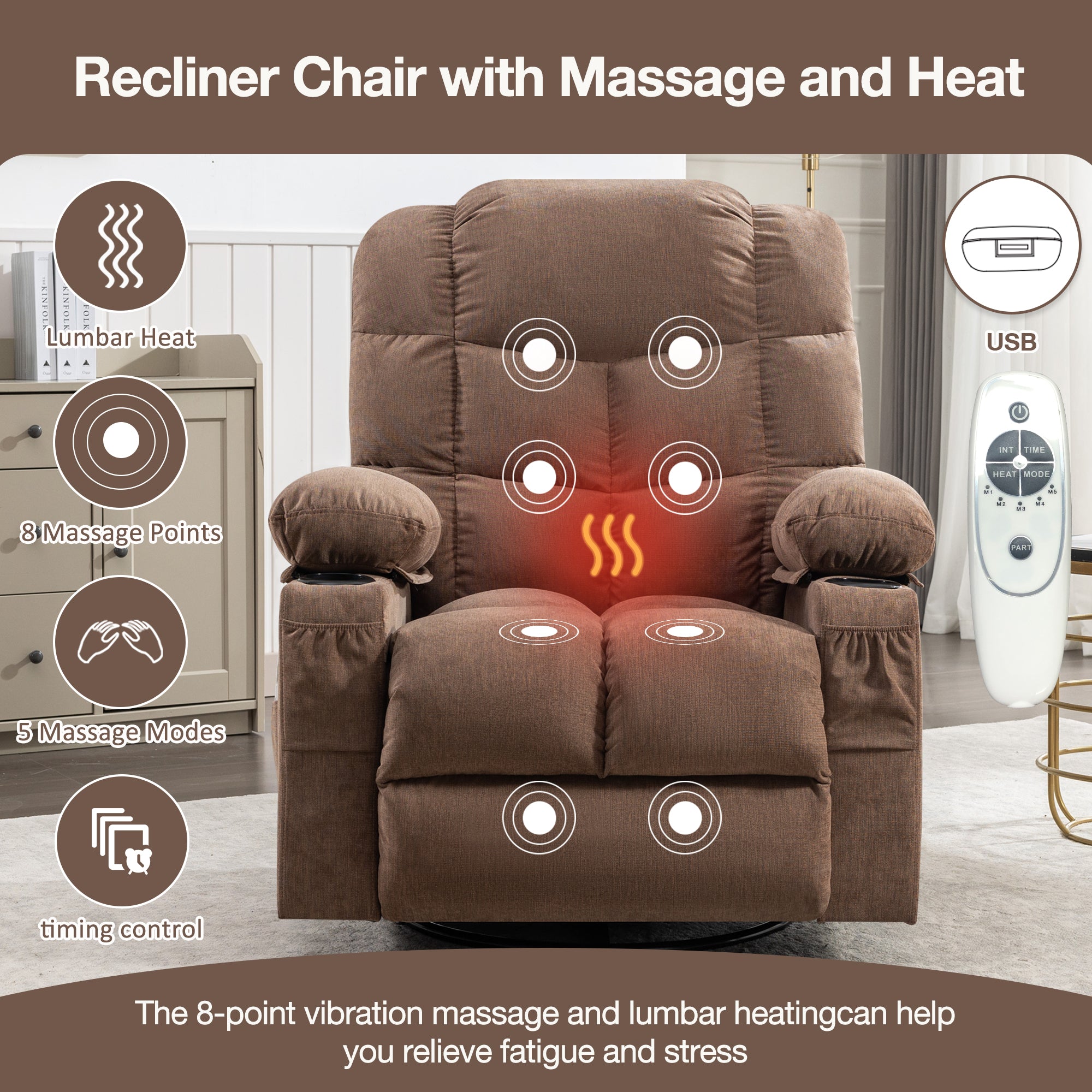 Massage Rocker Recliner Chair Rocking Chairs for Adults Oversized with 2 Cup Holders, USB Charge Port Soft Features a Manual Massage and Heat.(A+B)BROWN