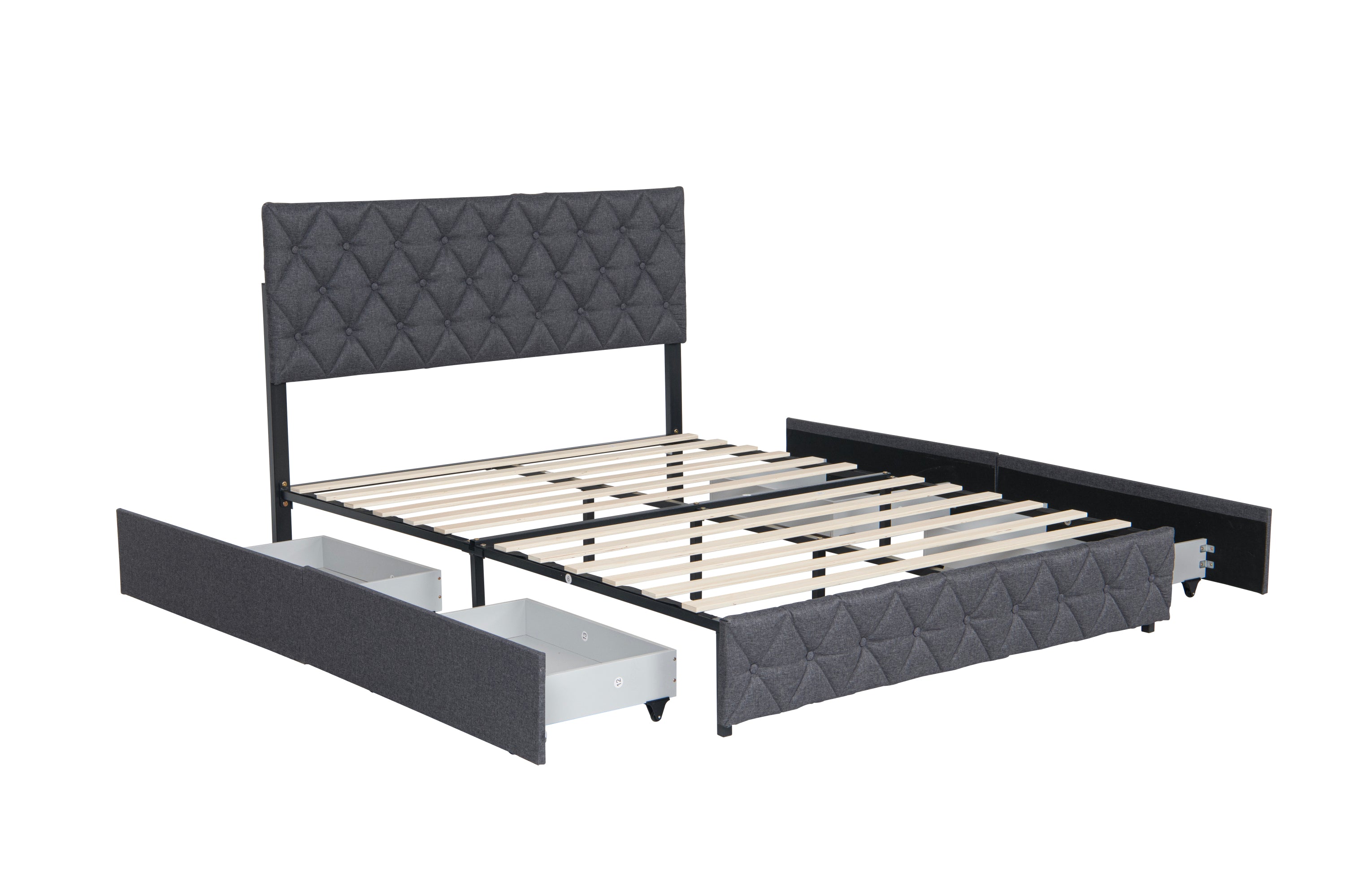 Full Size Upholstered Platform Bed Frame with 4 Storage Drawers, Adjustable Linen Headboard, Wooden Slats Support, No Box Spring Needed, Easy Assembly,Grey