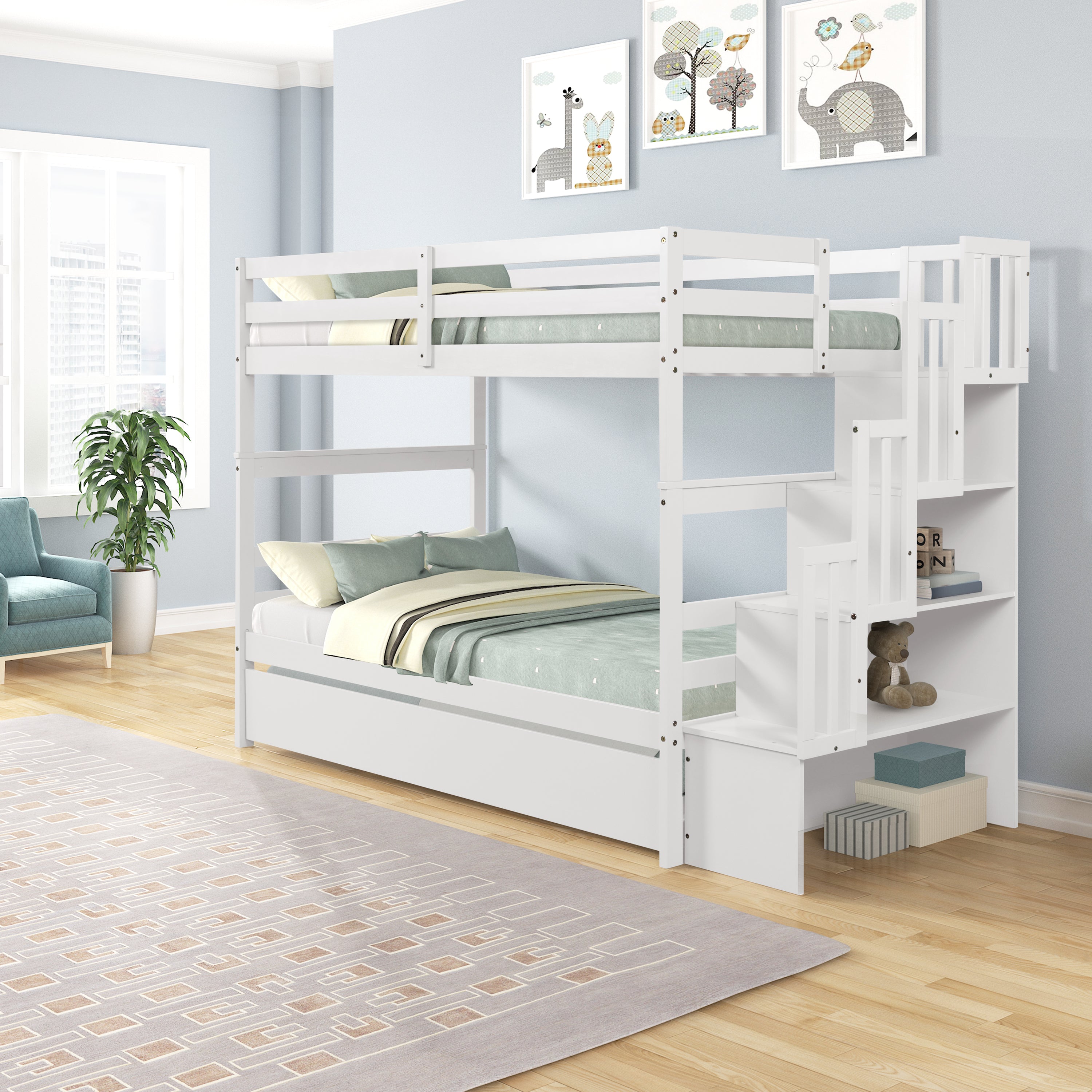 Twin over Twin Bunk Beds With Twin Trundle and Stairway Storage Function in White color