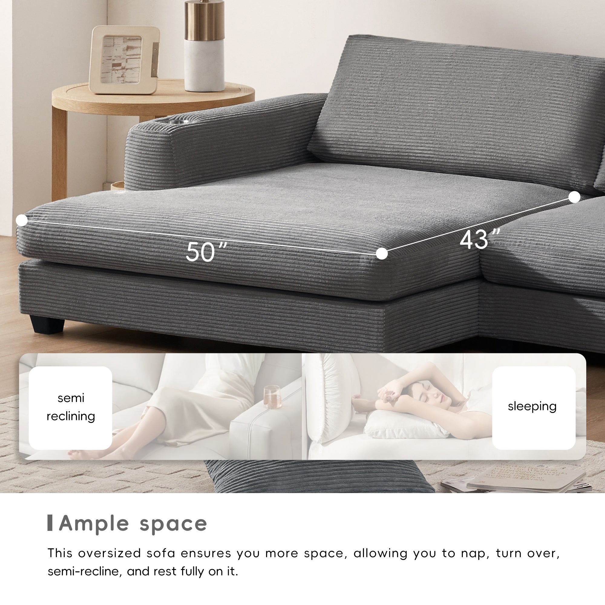 [VIDEO provided][New]134*54"Oversized Corduroy Sectional Sofa,L Shaped Cloud Couch with USB Charging Port,Cup Holder,Deep Seat Sofa Bed with 50" Chaise,Comfy Indoor Furniture for Living Room,3 Colors