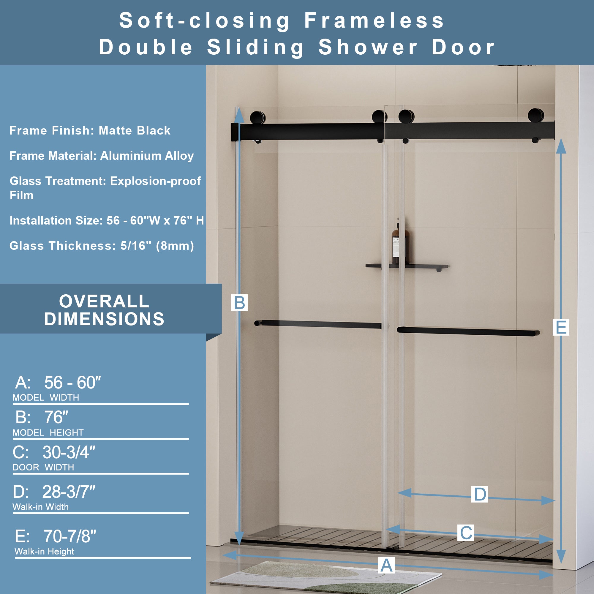 56-60"W x 76"H Frameless Soft-closing Shower Door, Double Sliding Shower Door, 5/16" (8mm) Clear Tempered Glass Shower Door with Explosion-Proof Film, Matte Black 24D213-60MB