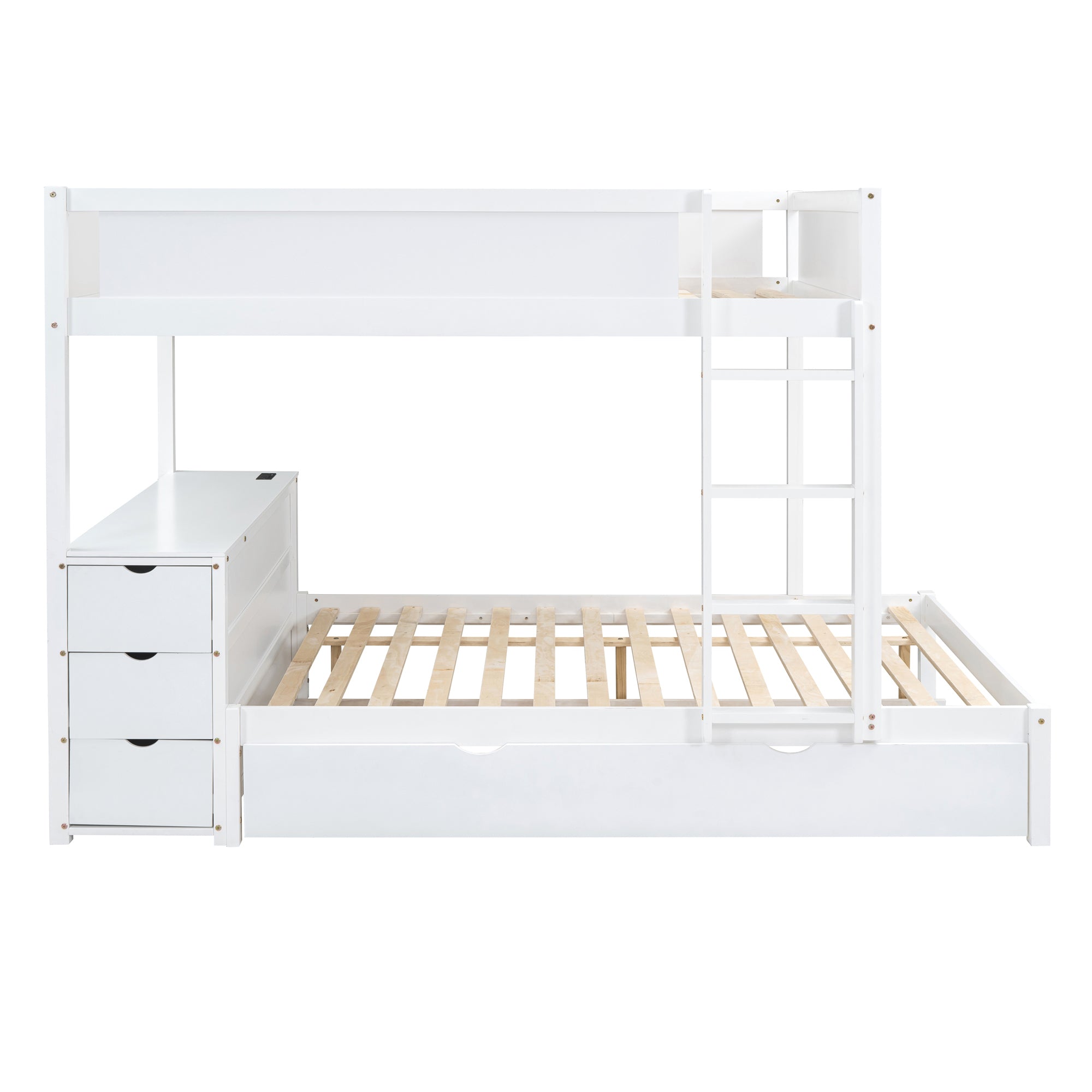 Full-Over-Full Bunk Bed with Twin size Trundle, Storage and Desk, White