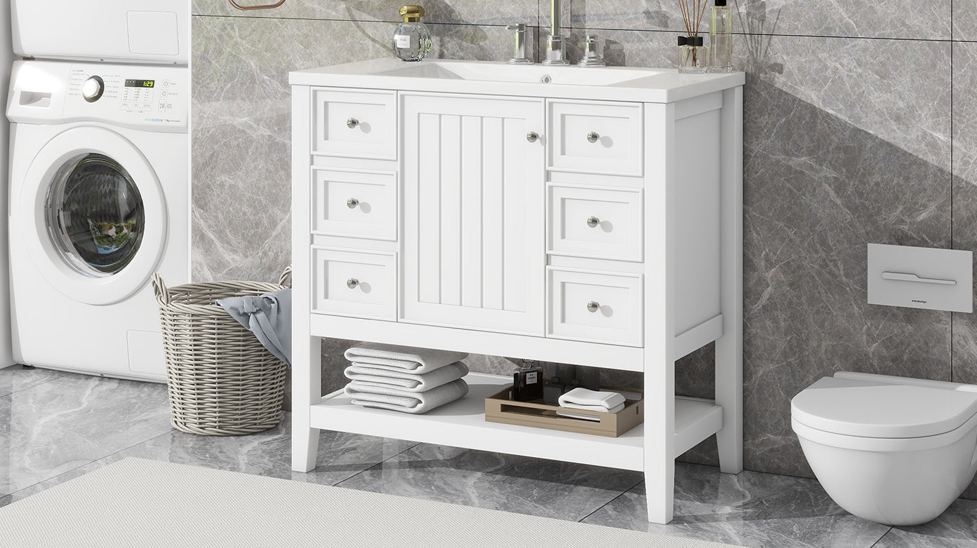 36" Bathroom Vanity with Sink Combo, One Cabinet and Three Drawers, Solid Wood and MDF Board, White