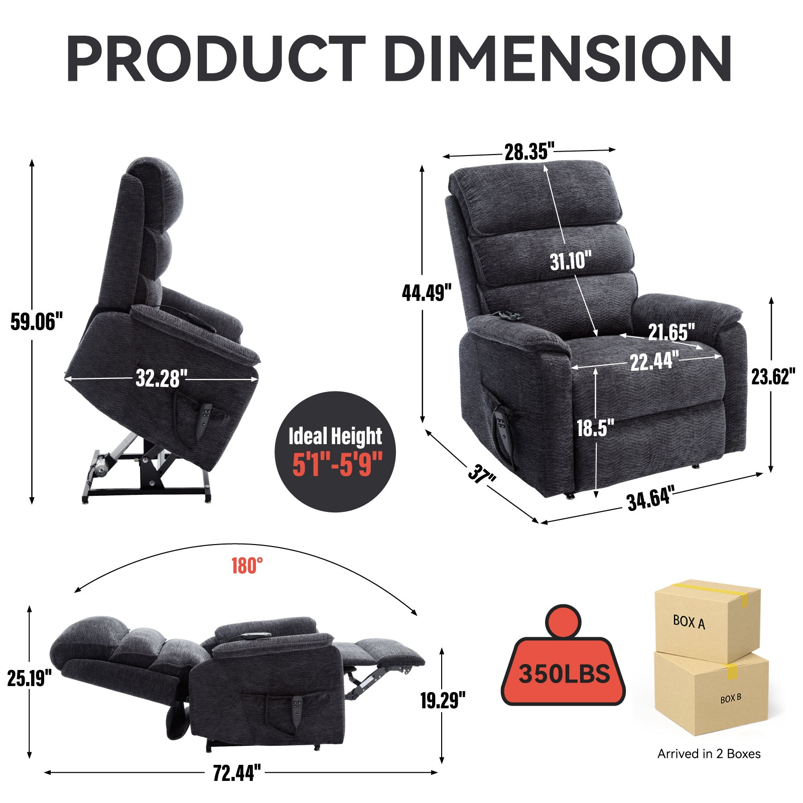 Grey Chenille Dual Motor Infinite Position Up to 350 LBS Power Lift Recliner Chair with Power-Remote, Heat Massage and Heavy Duty Motion Mechanism