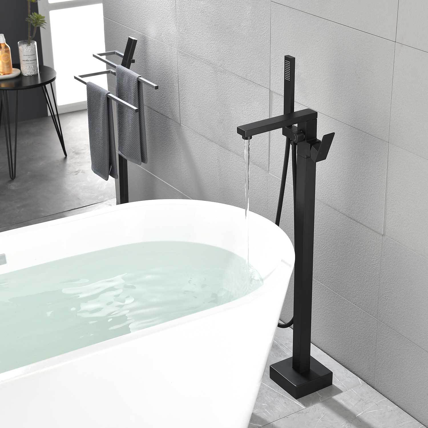 Freestanding Bathtub Faucet Tub Filler Matte Black Floor Mount Bathroom Faucets Brass Single Handle with Hand Shower